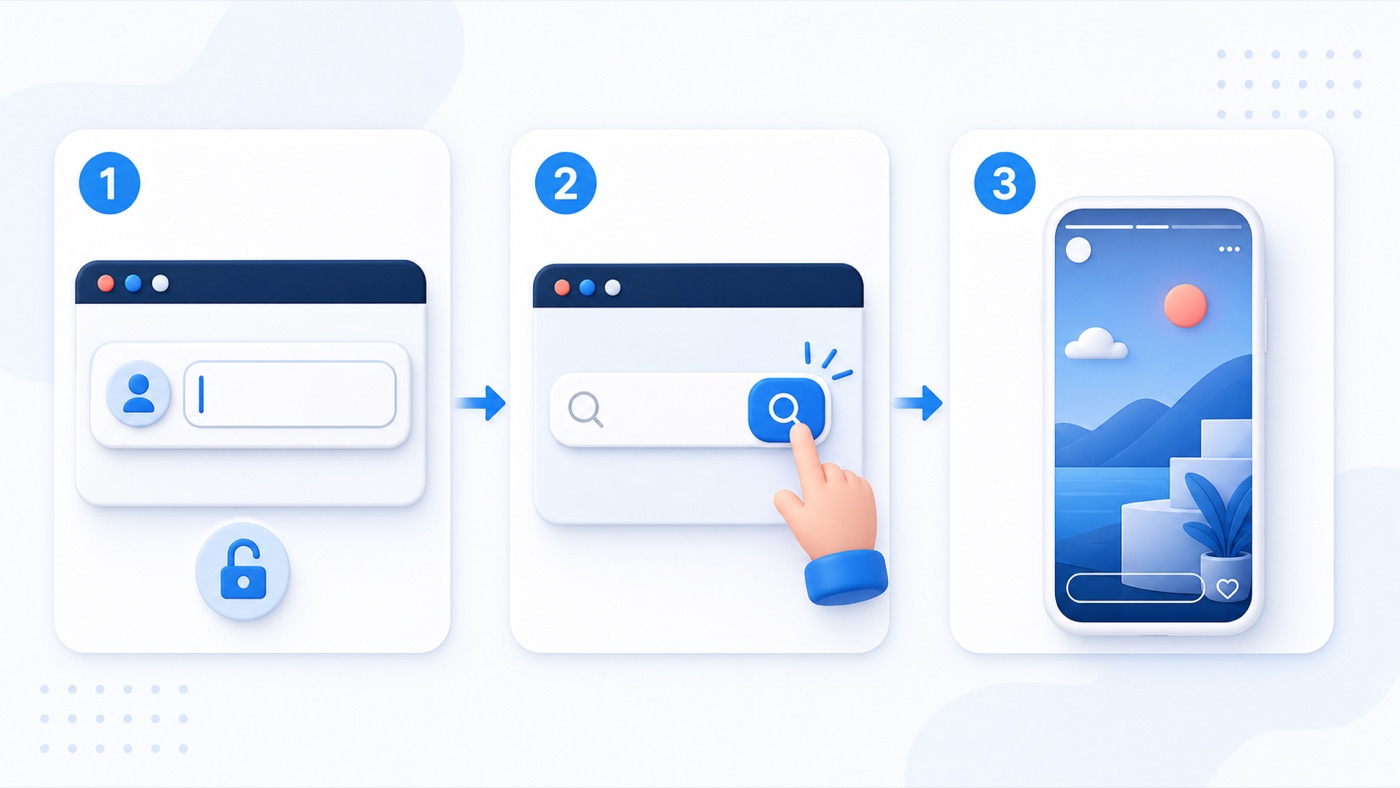 Three-step illustration showing a username entered, searched and opened in an Instagram Story viewer